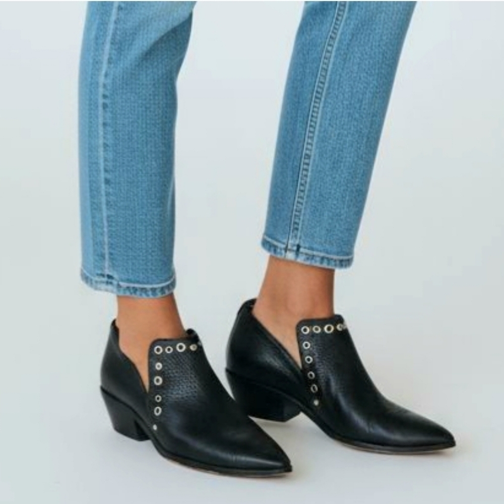 Rebecca Minkoff Leather Embellished Notch Side Bootie Black Silver Womens 9